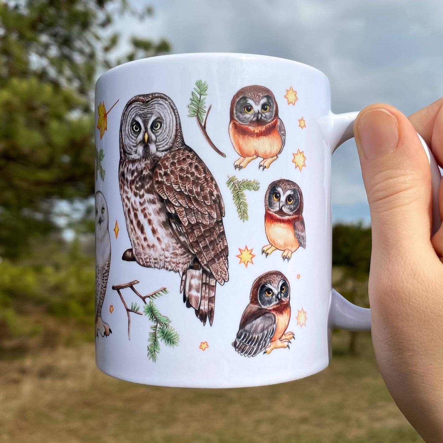 A mug featuring owls of the eastern united states