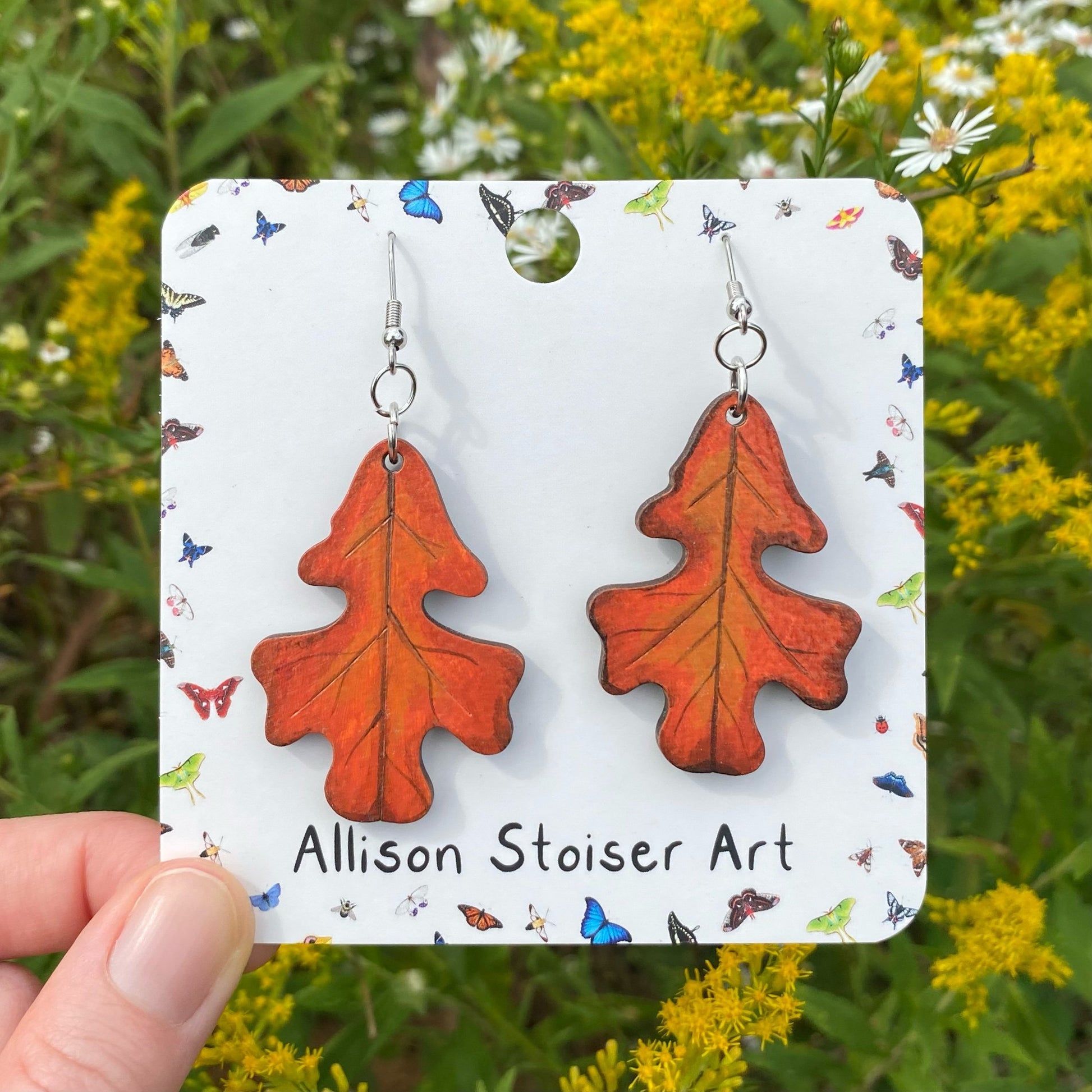 Hand-painted post oak leaf earrings