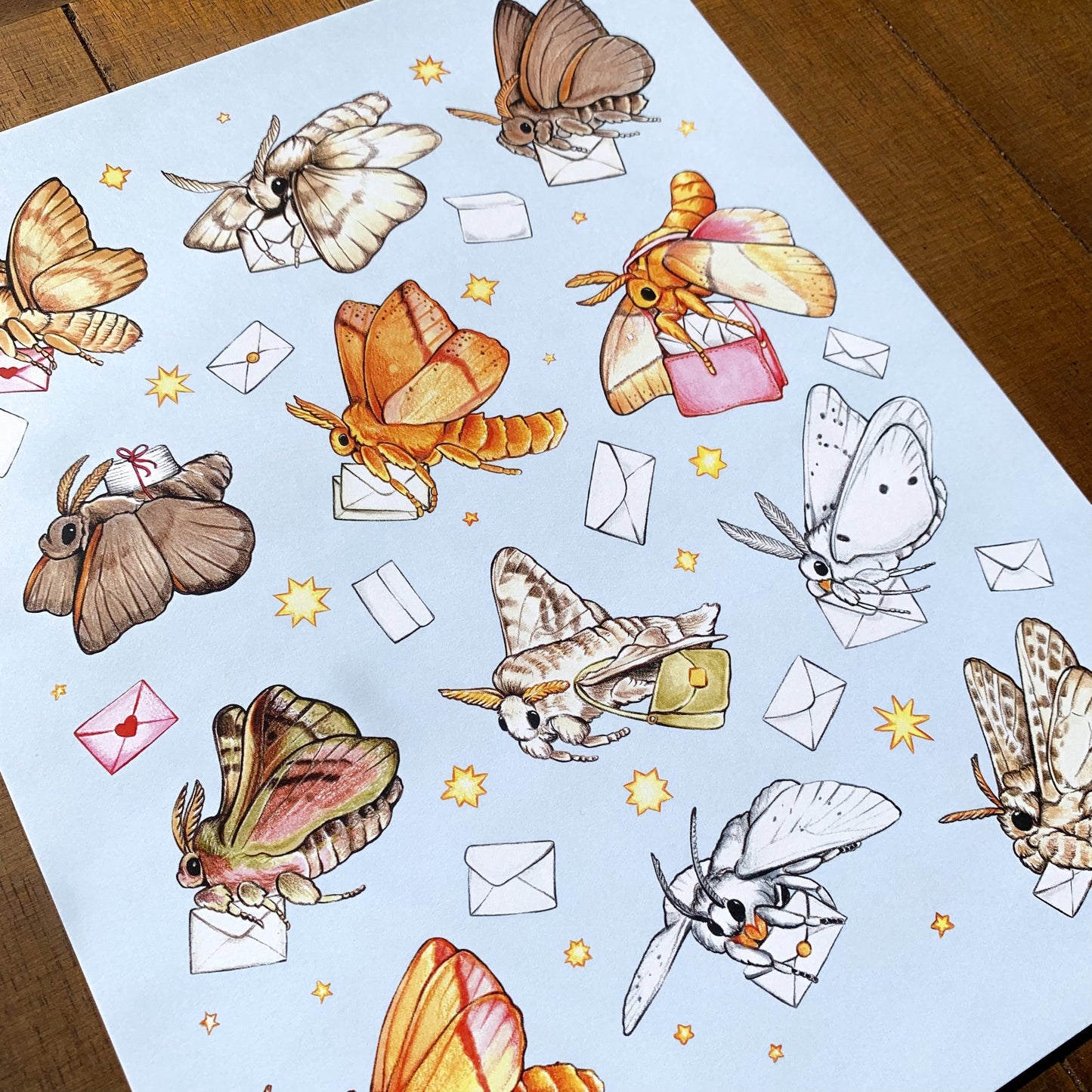 A print featuring moths delivering the mail