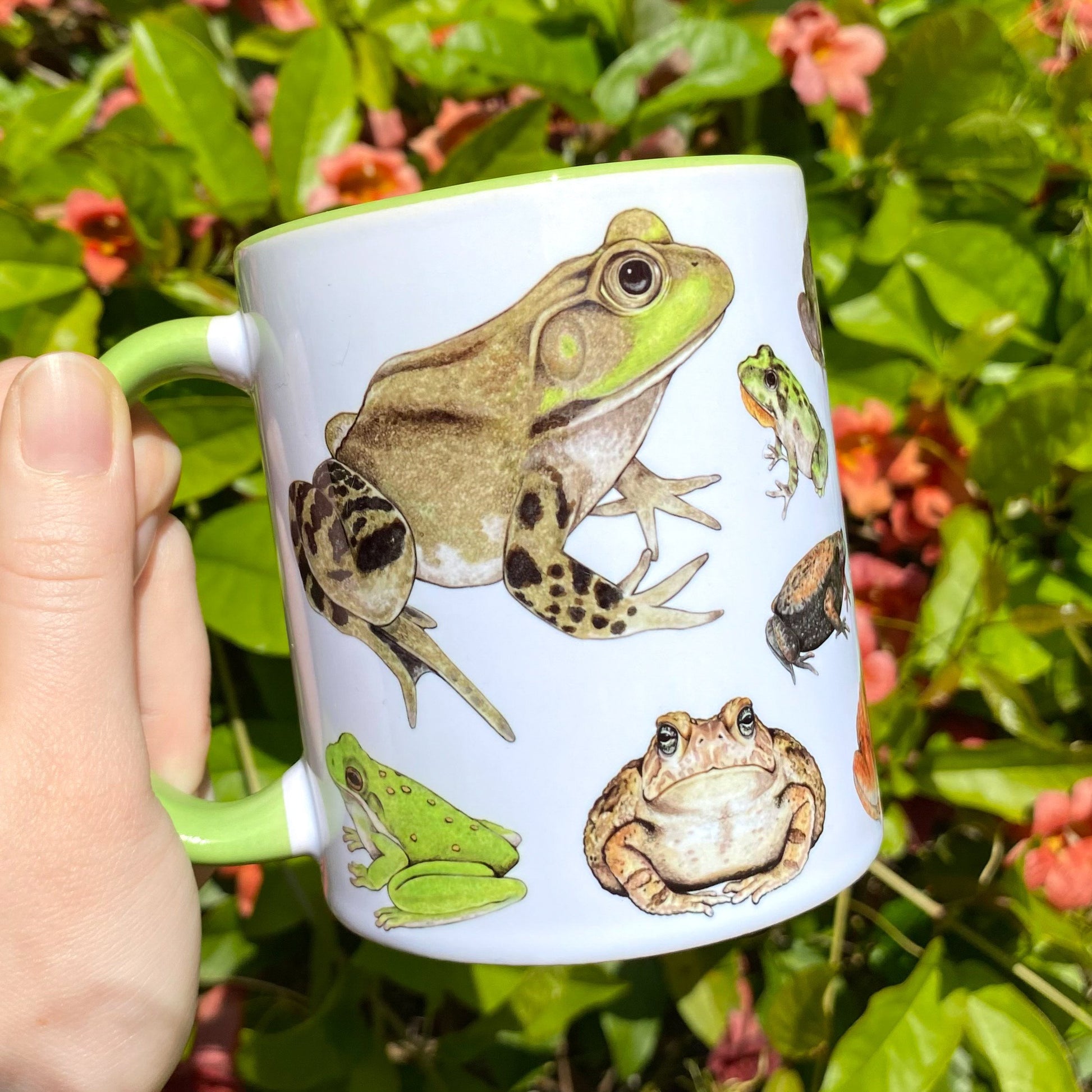 A mug featuring frogs and toads