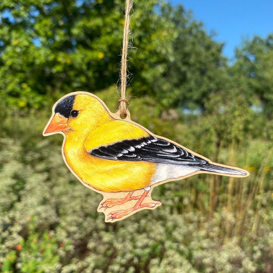 A wooden ornament strung with twine of an American goldfinch.