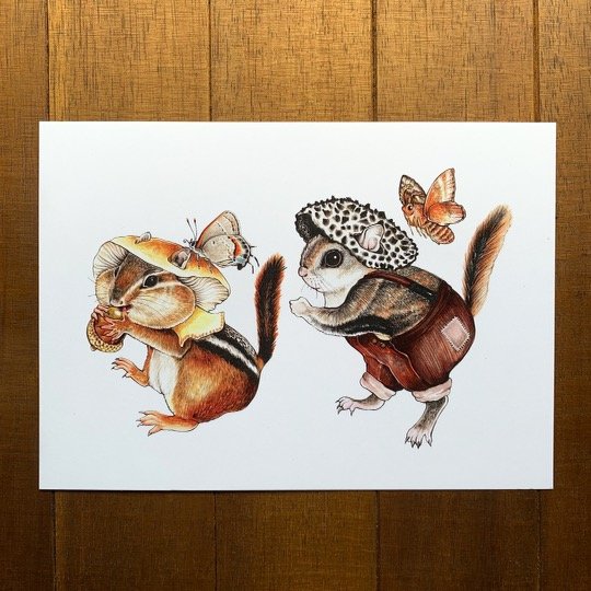 Mushroom Hat Chipmunk and Flying Squirrel Print (5" x 7")