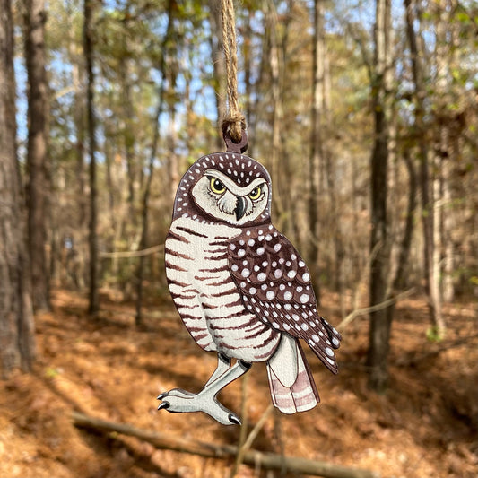 A hand-painted burrowing owl ornament