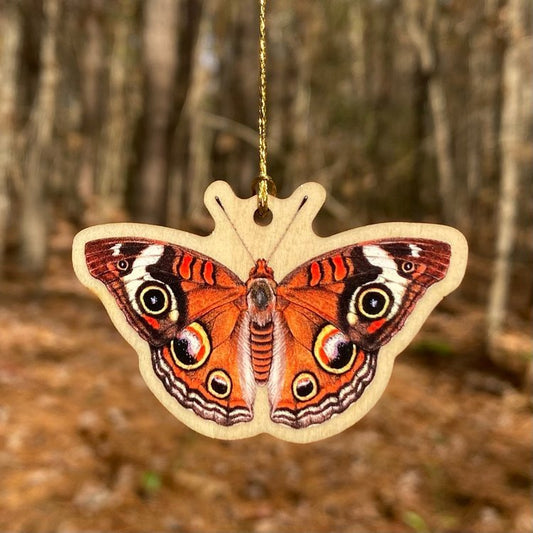 A wood print ornament featuring an illustration of a common buckeye butterfly