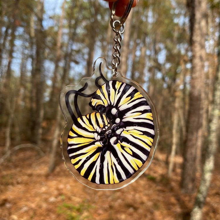 A keychain featuring a monarch caterpillar