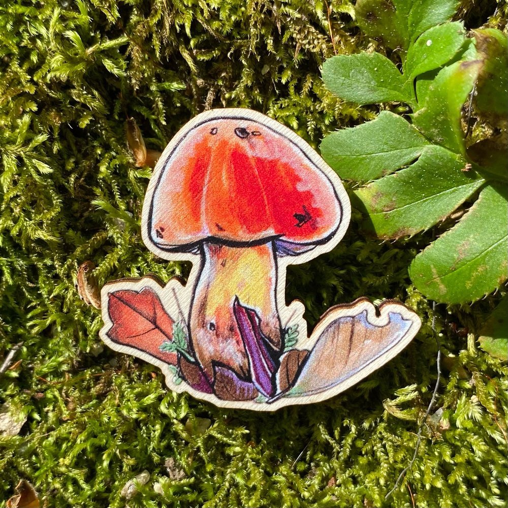 A sustainably sourced pin featuring an illustration of an orange bolete mushroom