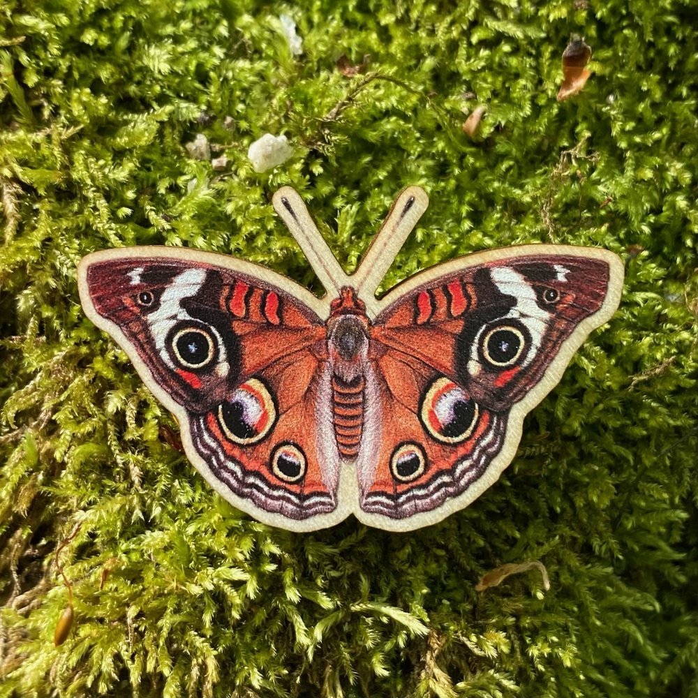 A sustainably sourced wooden pin featuring a common buckeye