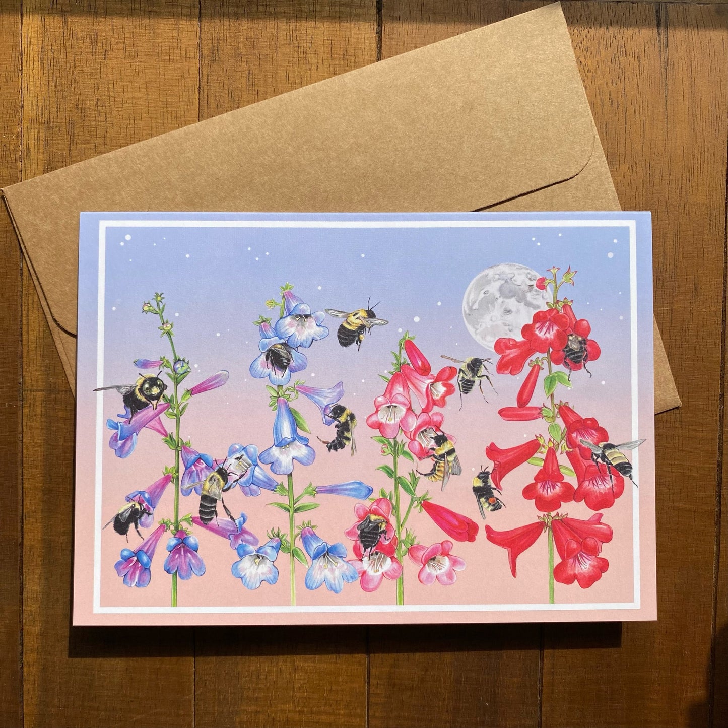 A card featuring bees and penstemon