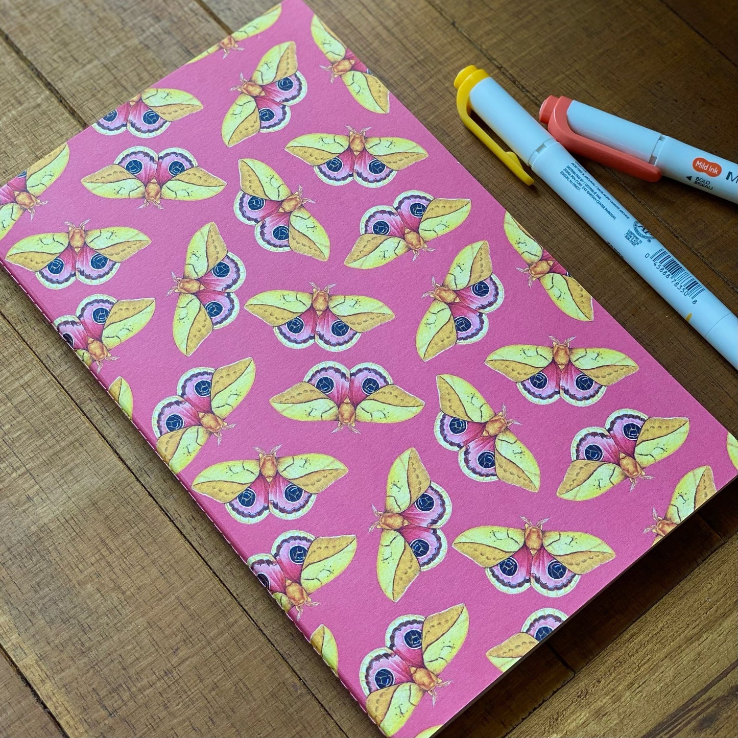 Pink and Yellow Silkmoth Handmade 5" x 8" Journal (Dotted)